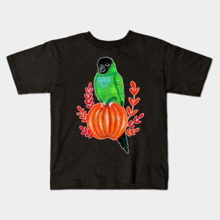 Cute Halloween Nanday Conure Parrot on Autumn Pumpkin Kids T-Shirt